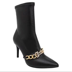 JUICY COUTURE Bling Logo Vegan Pointed Toe Black Chelsea Slim Heel Booties NWT